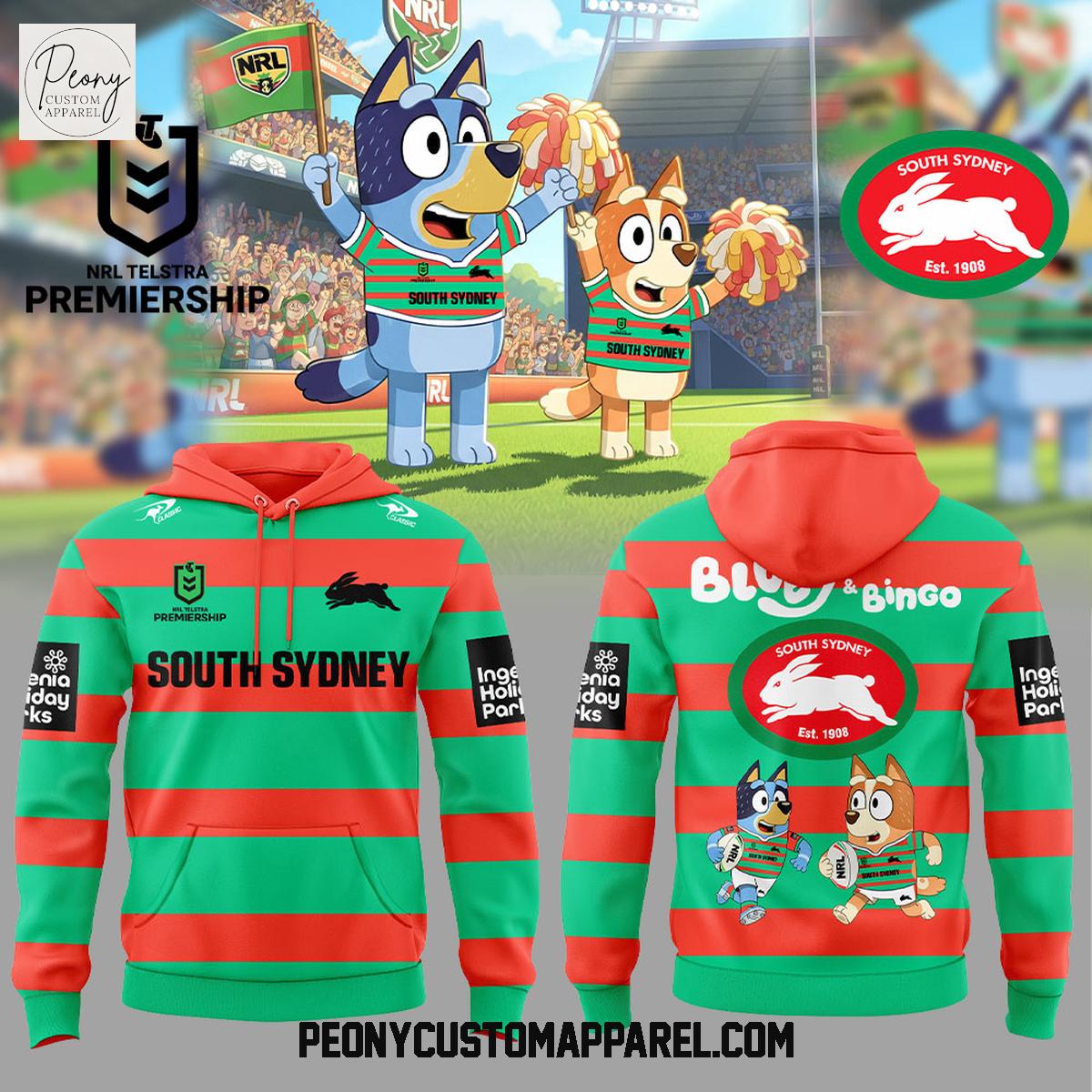 South Sydney Rabbitohs Bluey and Bingo Hoodie Shirt South Sydney Rabbitohs Bluey and Bingo Hoodie Shirt